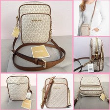 Bolso Bandolera Michael Kors Para Mujer Jet Set Viaje Firma Logo Vainilla MK $360