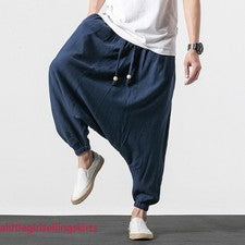 Pantalones de entrepierna baja de algodón de lino estilo chino para hombre Pantalones étnicos informales