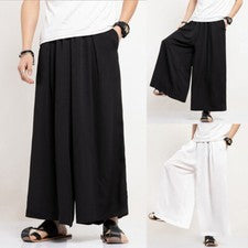 Hombres Pantalones Sueltos Pierna Ancha Cintura Elástica Pantalones Bolsillo Estilo Oriental Lisos