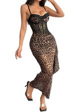 "Vestido de verano para mujer con estampado de leopardo al hombro, cintura ceñida al cuerpo largo, malla8749"