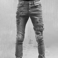 Pantalones de motociclista para hombre Moda Hebilla Punk Ajustados Rasgados Pantalones de mezclilla informales.