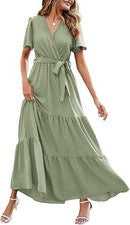 Maxi Vestido Para Mujer Boho Punto Suizo Cuello en V Manga Acampanada Informal - Verde, Talla XL