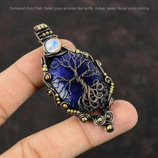 Colgante Árbol de la Vida envuelto en alambre piedra lunar arco iris piedra zafiro azul cobre