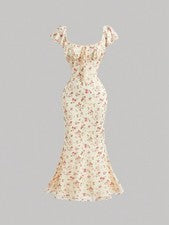 Elegante Maxivestido Color Albaricoque Estampado Floral