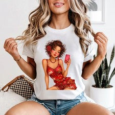 Camiseta Selfie Niña Mujer Floral Rojo Vestido Lindo Amante de la Moda Regalo de Cumpleaños
