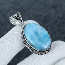 Colgante Larimar con Collar de Cadena de Plata 925 Esterlina Hecho a Mano Colgante Regalo