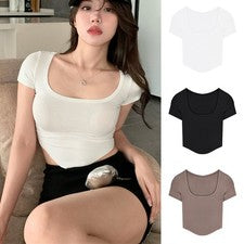 Camiseta básica corta para mujer camiseta de manga corta monocromática moda coreana