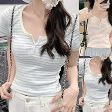 Moda Coreana Mujer Rayas Cuello en U Manga Corta Camiseta Largo Normal