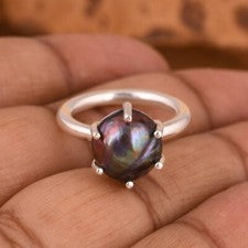 Anillo de compromiso apilable de plata de ley 925 con perlas de agua dulce negras