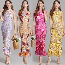 Vestido de noche de sirena paquete de cadera bordado flores 3D de malla de moda para mujer