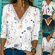Moda Prendas para el torso estampado floral para mujer Crochet Encaje Borde Cuello en V Camisetas informales