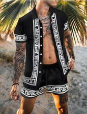 Camisa Botón Hombres Barroco Negro Blanco Moda Manga Corta Pantalones Playa SET