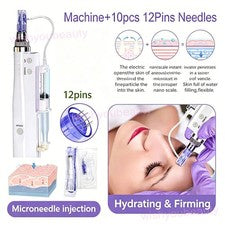 Micro bolígrafo portátil para cuidado facial juego de 10 piezas puntas de aguja reemplazables de 12 pines