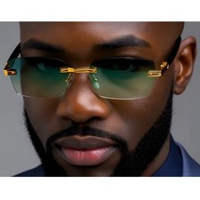 Gafas de sol sin montura para hombre rectangulares marco dorado lentes verdes degradadas tonos de moda