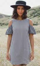 NUEVO SIN ETIQUETAS LOFT Para Mujer Gris Blanco Mezcla Rayas Hombro Frío Mini Vestido Ajustado Talla 6