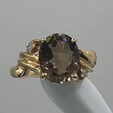 Anillo Topacio Ahumado con Diamantes Oro Amarillo 14k Piedra Ovalada