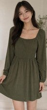 Vestido para mujer verde oliva manga larga ajustado con lazo delantero, mediano, nuevo con etiquetas