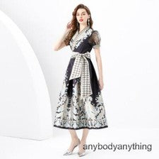 Vestido acampanado calce ceñido pajarita mangas abullonadas cuello en V floral de moda para mujer