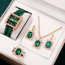 Conjunto 5 piezas joyas diamantes imitación reloj cuarzo cuadrado vintage verde