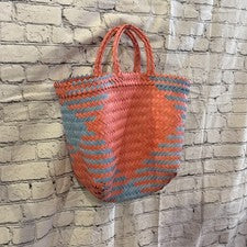 Bolso de Mano Azul Rojo 40cm Tejido a Mano Plástico Reciclado Ecológico Mercado Playa