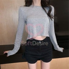 Camiseta para mujer de moda informal para el torso manga larga sección delgada cintura alta
