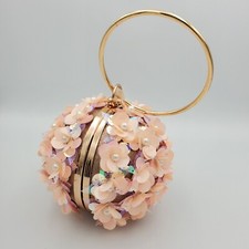 Bolso clutch dorado rosa brillante, flor perla redonda