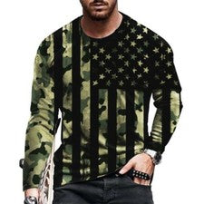 ⭐Camiseta Hombres Manga Larga Moda Verde Camuflaje Gráfico Bandera Americana Camiseta Top