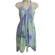 Para Mujer Vestido Boho Chic Azul Tie Dye Halter Cuello Babydoll Vestido Mediano Nuevo con Etiquetas