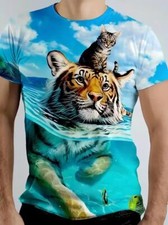 Hombres Camisetas Moda Encantador Gato Tigre Casual Manga Corta Novedad Camiseta