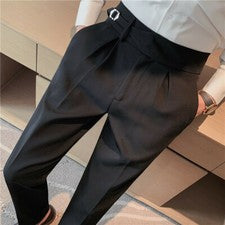 Pantalones informales de cintura alta con diseño de cinturón formal estilo británico para hombre