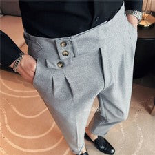 Hombres Moda Negocios Cintura Alta Traje Pantalones Botón Largo Cónico Pantalones Talla