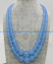2 filas 6-14mm azul aguamarina redondo piedras preciosas collar de perlas 18-19"