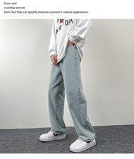 Pantalones informales de moda de nueve puntos con piernas anchas rectas sueltas lisos de tendencia para hombre