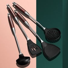 Juego de utensilios de silicona wok 4 piezas con mango de madera y núcleo de acero inoxidable