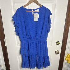 Nuevo con etiquetas Vestido Corto EE:SOME Azul Lunares Volantes En Niveles Gasa Cuello Redondo L Y2K Elegante