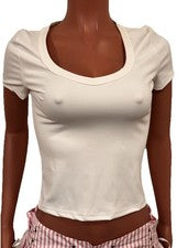 Camiseta Blanca Cuello en V Camiseta Semi Recortada Nueva S Informal Elegante Todos los Días Mangas Cortas T
