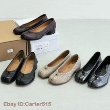 Zapatos de ballet plisados con punta dividida de cuero genuino boca poco profunda tacón medio para mujer