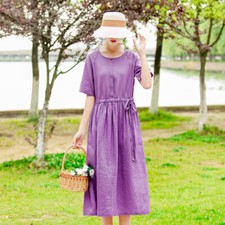 Moda Mujer Algodón Lino Manga Corta Vestido Maxi Vestido Suelto Talla Nuevo Algodón