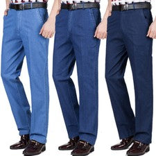 Pantalones de mezclilla informales de negocios sueltos elásticos de cintura alta de moda para hombre