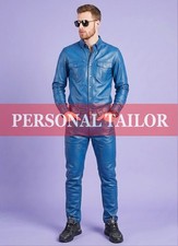 Conjunto estilo pantalón y camisa de mezclilla de cuero azul 100 % piel de cordero para hombre bolsillos en el pecho