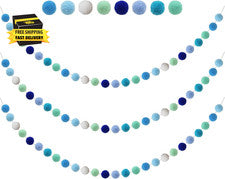 3 PIEZAS Guirnalda de Pom Pom Azul 6.5 Pies de Largo con 30 Bolas para Fiesta Decoración del Hogar