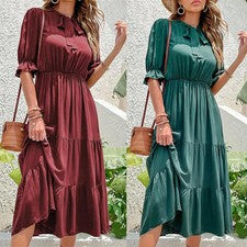 Ropa para mujer Moda Falda larga Arrugas Lazo Cinta Color liso Vestido