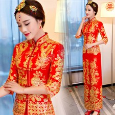 Mujeres Chino QiPao Moda Noche Bordado Largo Rojo Boda Novia Vestido