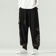 Pantalones florales estilo chino retro para hombre pantalones bordados de algodón lino cónicos