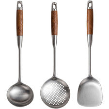 Juego de utensilios de cocina wok 316L con mango ergonómico de madera