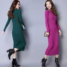 Mujeres Grueso Tejido Suéter Vestido Mangas Largas Pullover Cálido Maxi Falda Prendas de abrigo