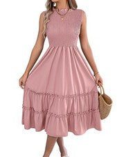 Vestido midi para mujer con volantes y mangas acampanadas plisado cuello redondo en capas 1164