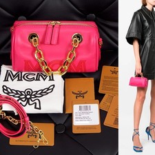 NUEVO $995 MCM Rosa Fucsia Aren Cuero LOGO Mini Bolso Boston BOLSO DE CADENA GRUESO