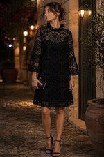 Vestido para mujer Calvin Klein funda negro de encaje manga 6 campanas cuello con volantes