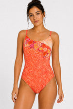 Speedo Akita V-Neck Tank Badeanzug Damen Orange Floral Hidden Support Gr. 36-40